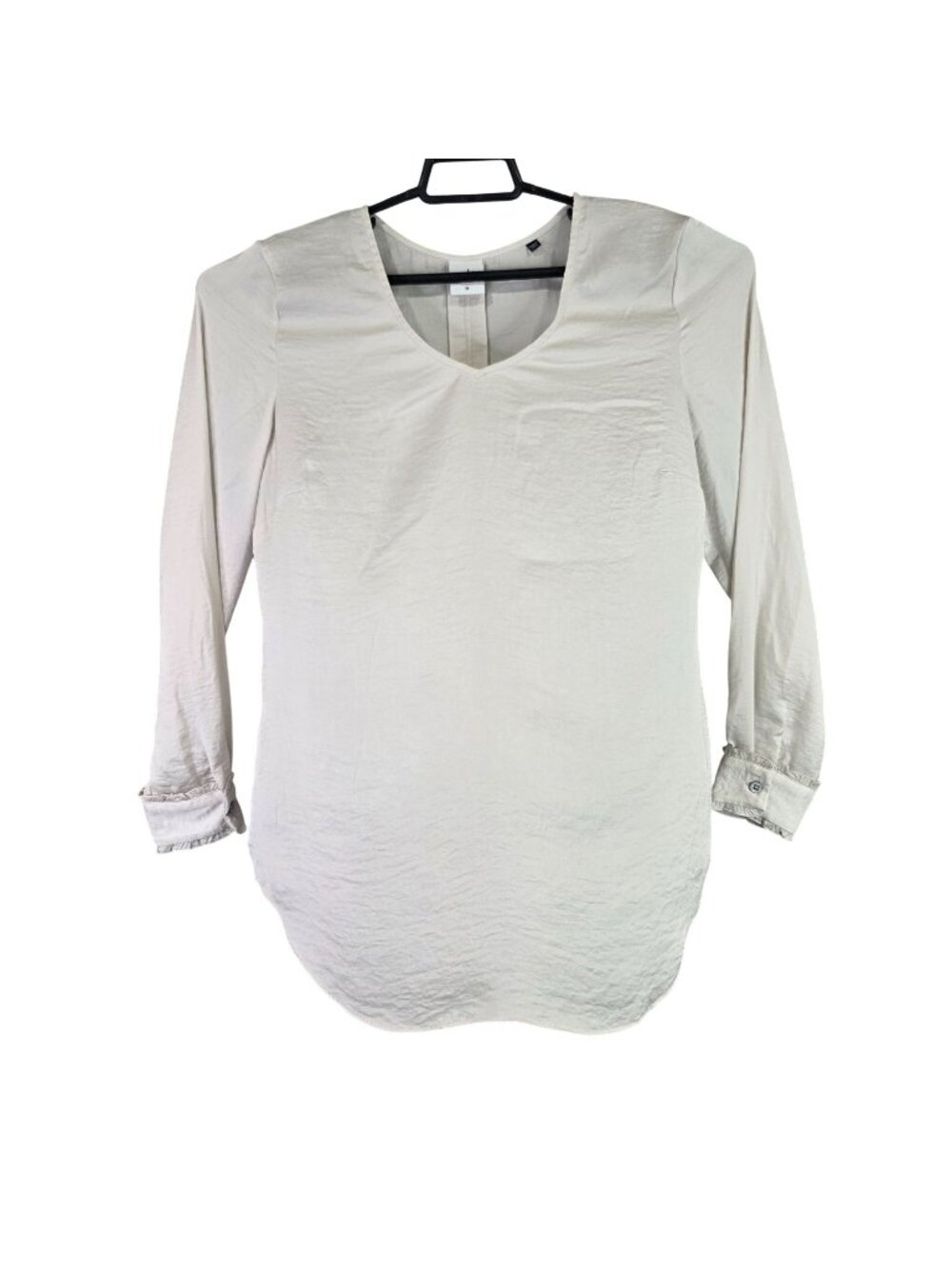Womens Cabi Beige V-Neck Blouse Polyester Long Sleeve Pleated Back Size M